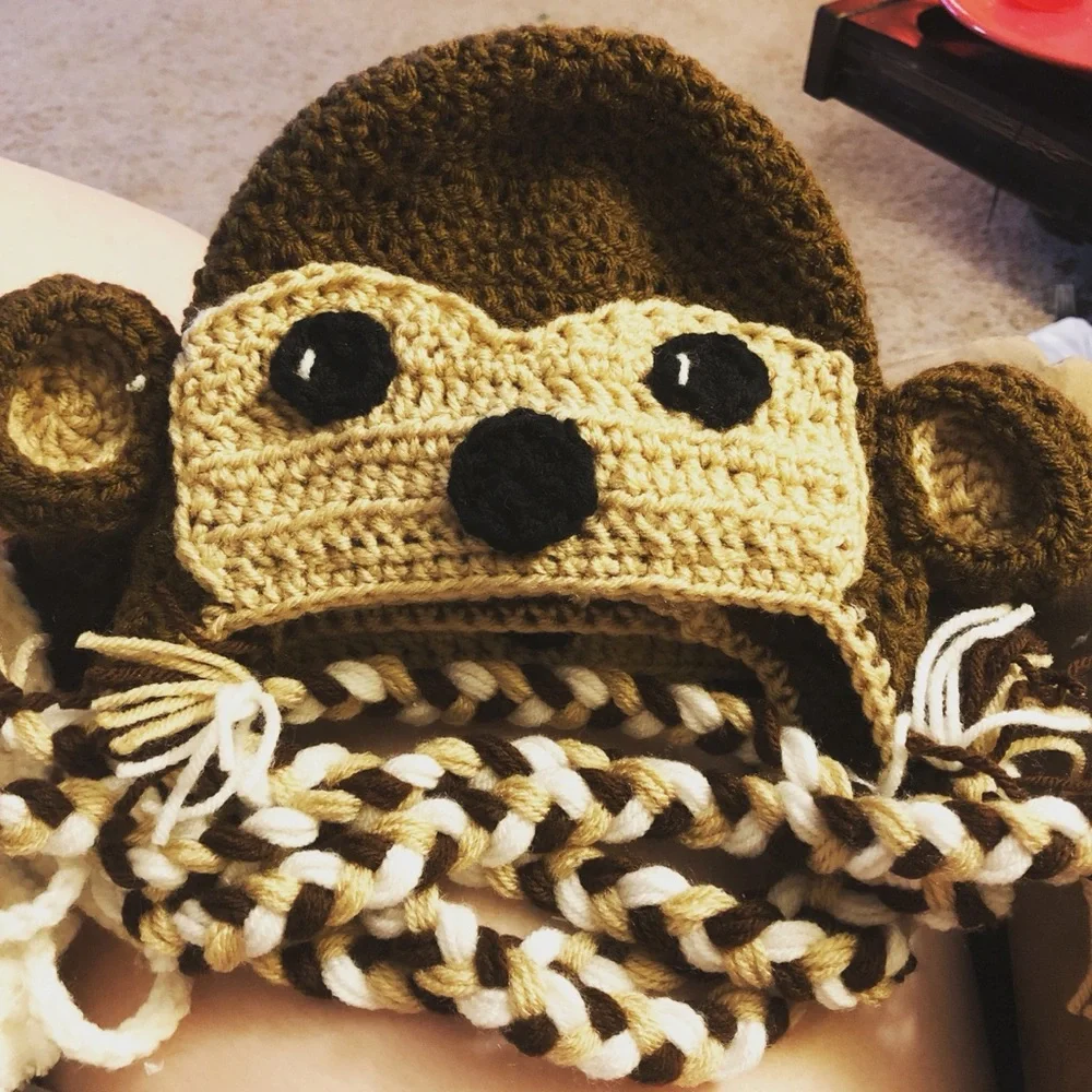 Handmade Crochet Sock Monkey‎ Earflap Hat – Multiple Sizes Available